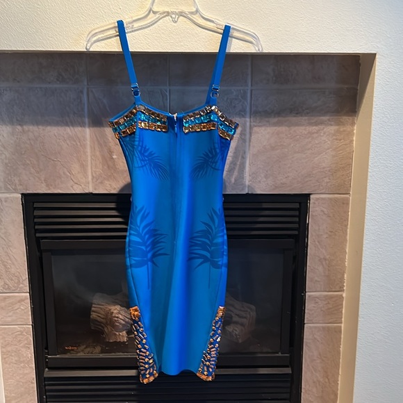 Blue Multicolor Mesh V Neck Embellished Beaded Bandage Bodycon Mini Dress - Picture 10 of 11